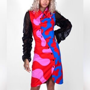 La Come Di Onda Bubble Midi Dress Colorful Abstract Button-Up Size Medium Cotton